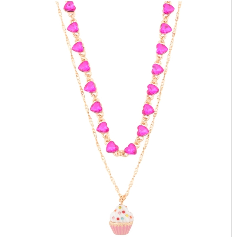 💕🔹️Betsey Johnson 🔹️Pink Heart  Cupcake Crystal Heart  Layer Pendant Necklace